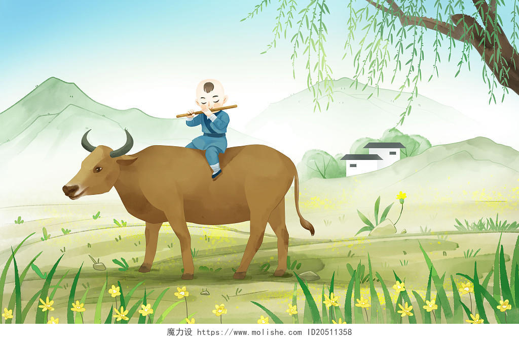 古风手绘清明节牧童骑牛吹笛子的牧童原创插画海报清明人物插画